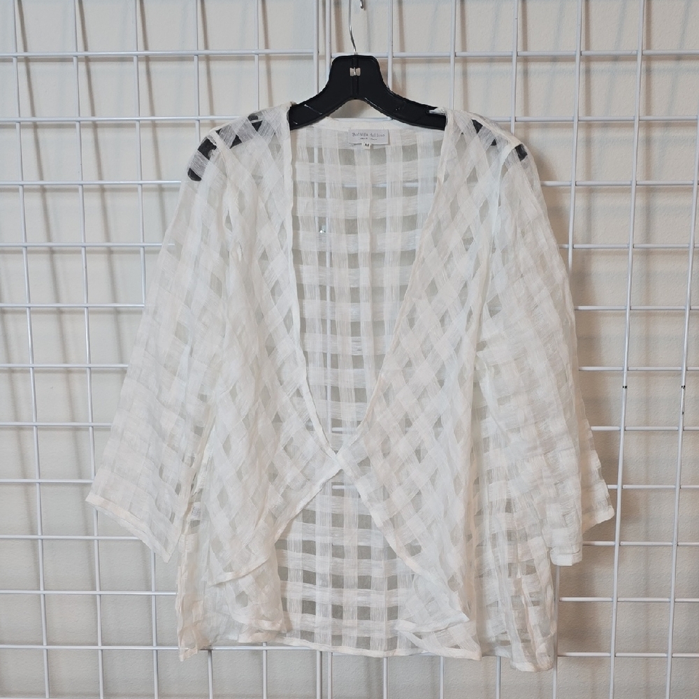 Bottega Del Lino White‎ Sheer 100% Italian Linen Plaid Open Cardigan Size Medium